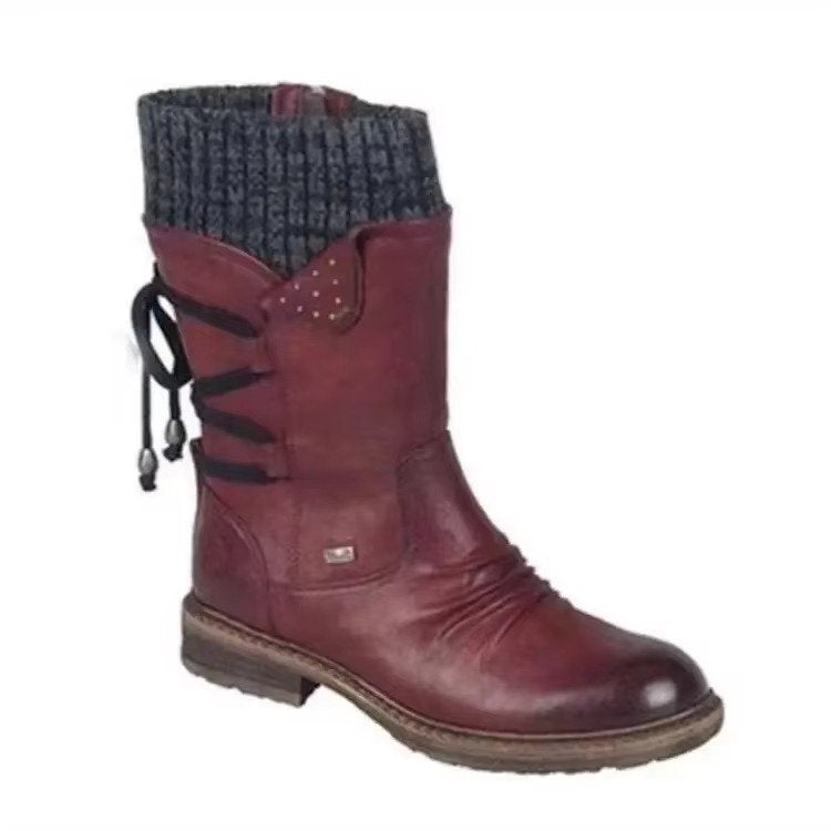 Women's Leather Mid-Calf Ankle Boots - Burgundy
