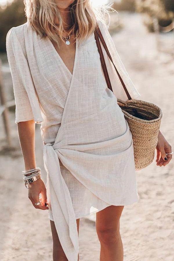 Short Sleeve Wrap Mini Dress - Beige