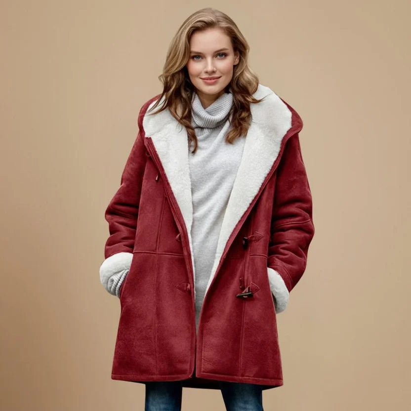 Women's Oversized Shearling-Lined Duffle Coat - Red
