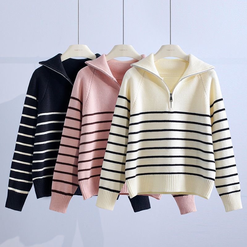 Women's Striped Quarter-Zip Wool Sweater