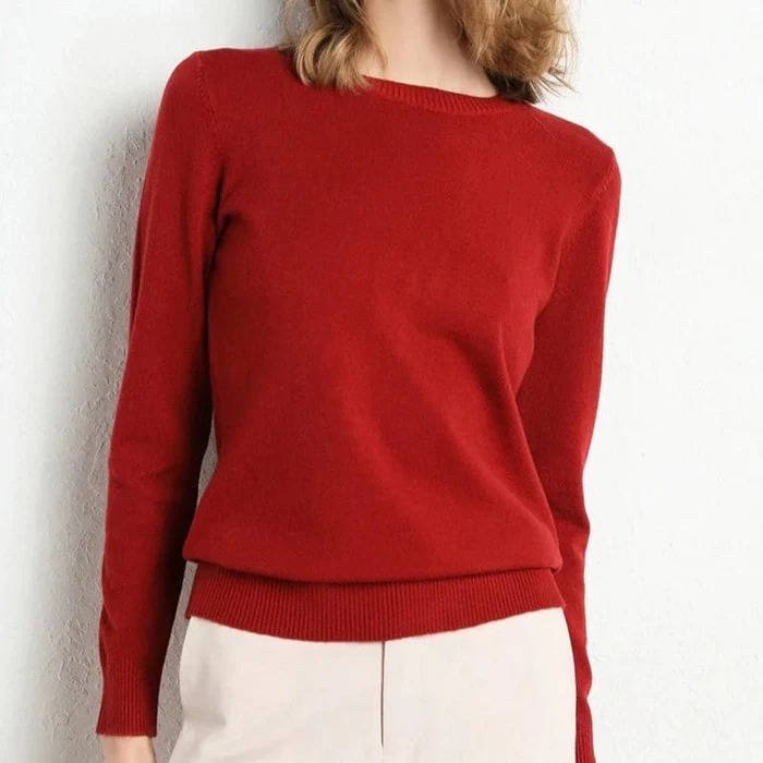 Women's Wool Crew Neck Sweater - Dark Red