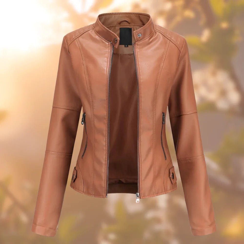 Women's Cropped Faux Leather Moto Jacket - Light Brown