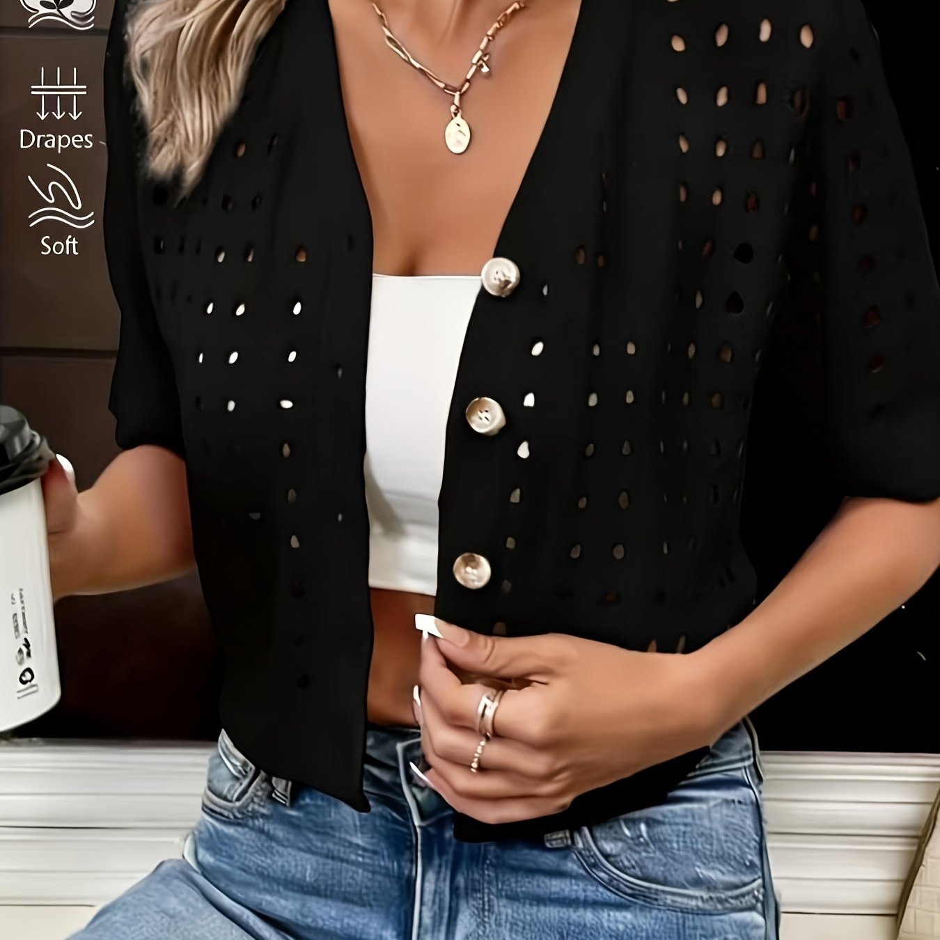 Women's Cropped V-Neck Knit Cardigan - Black