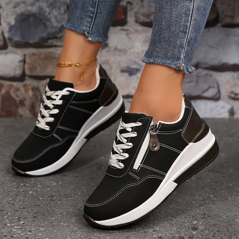 Women's Faux Leather Wedge Sneakers - Black