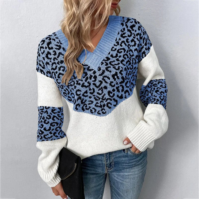 Women's Leopard Print V-Neck Sweater - Light Blue