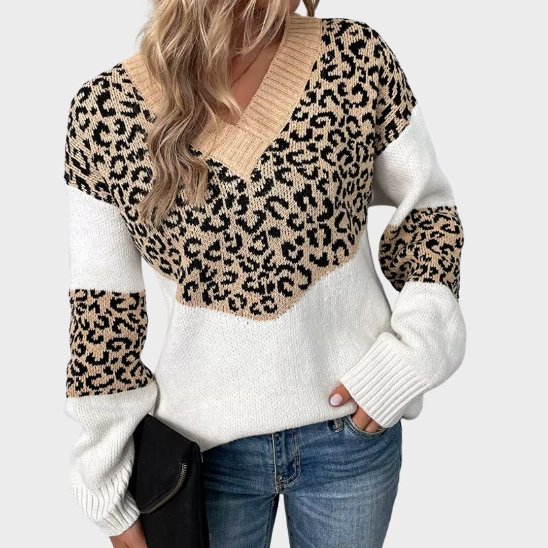 Women's Leopard Print V-Neck Sweater - Beige