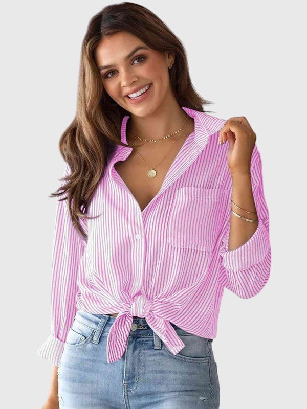 Women's Long Sleeve Striped Tie-Front Shirt - Pink