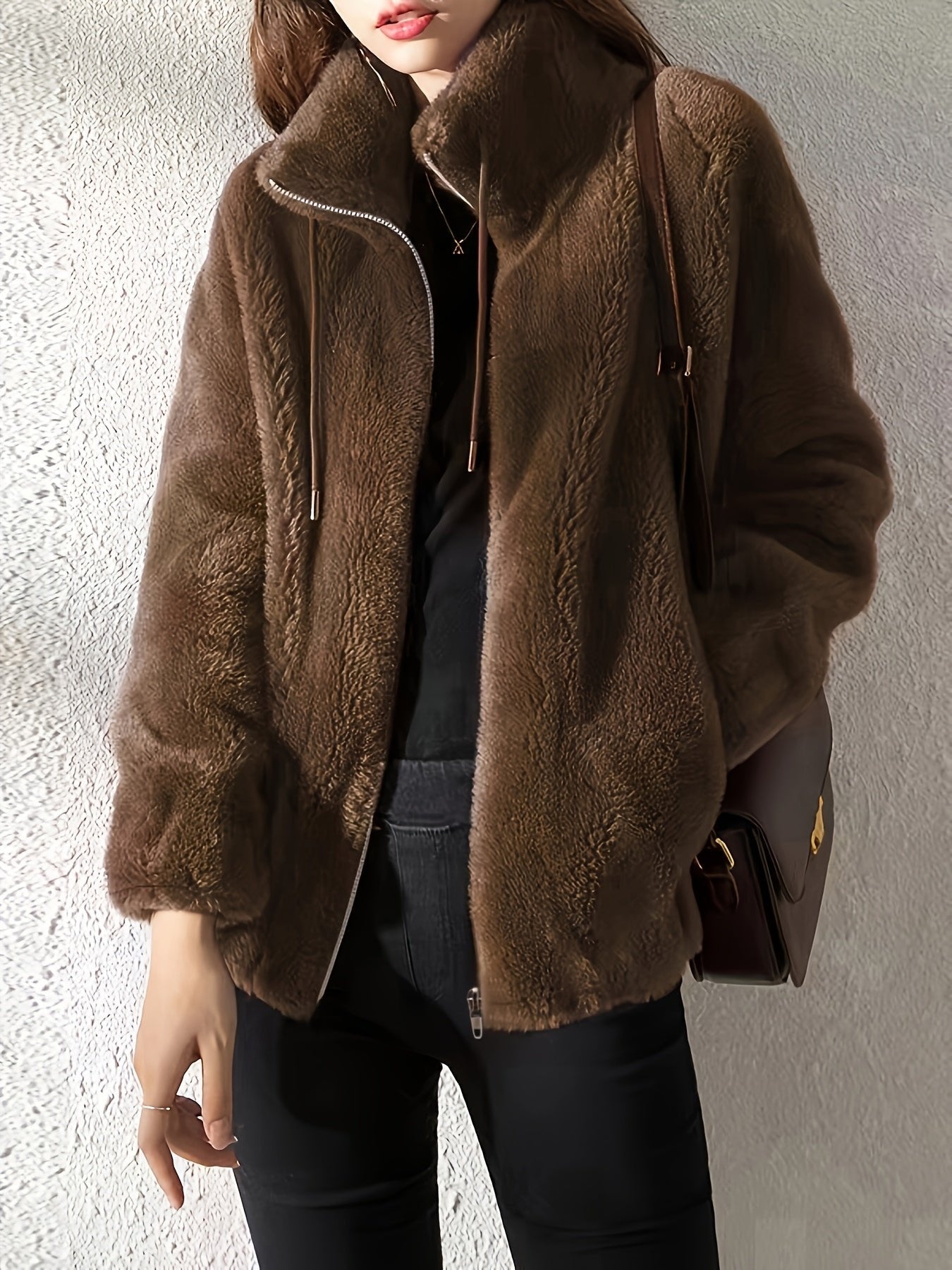 Women's Oversized Faux Fur Jacket - Dark Brown