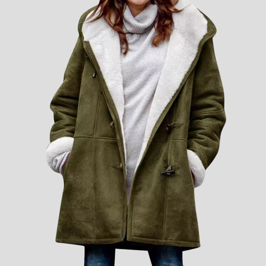 Women's Oversized Suede Duffle Faux Fur Coat - Dark Green