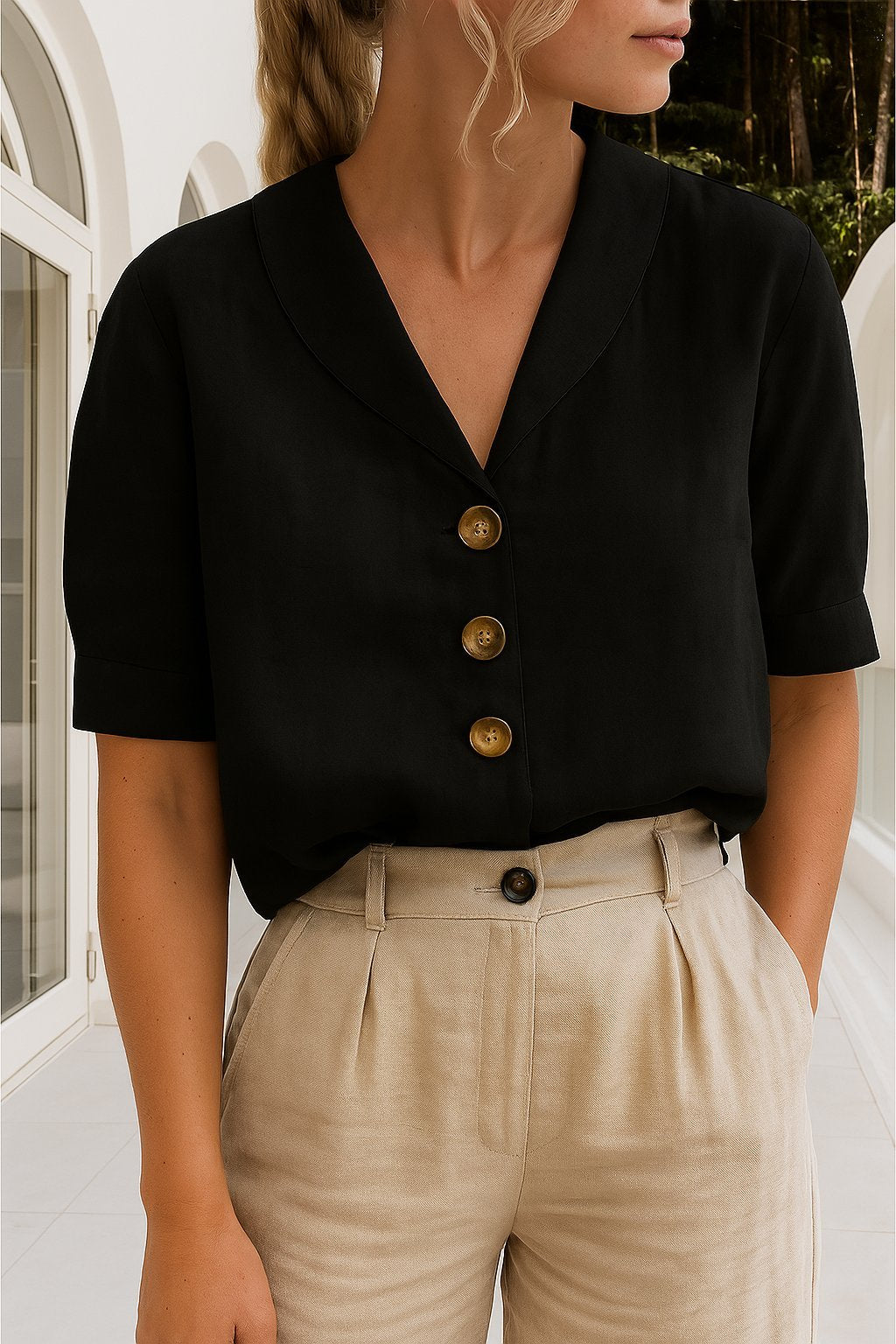 Women's V-Neck Blouse - Black