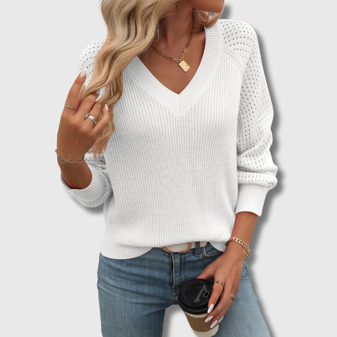 Women's Crochet-Sleeve V-Neck Sweater - White