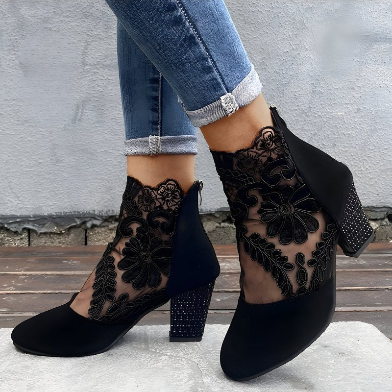 Women's Floral Ankle Boots - Black