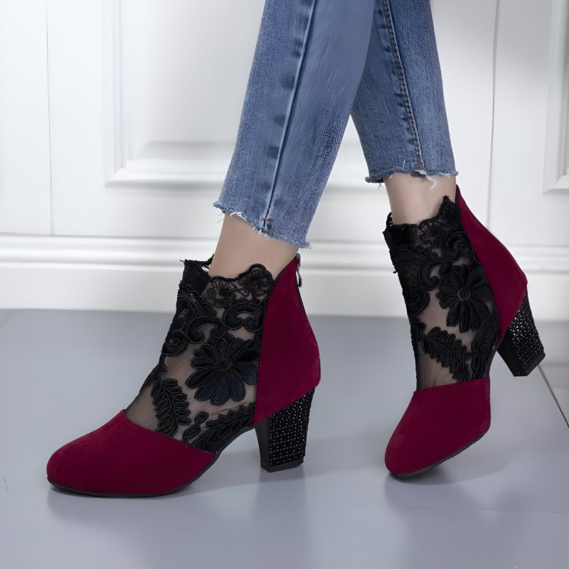 Women's Floral Ankle Boots - Red