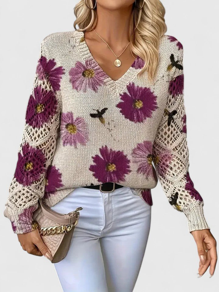 Women's Floral V-Neck Sweater - Purple