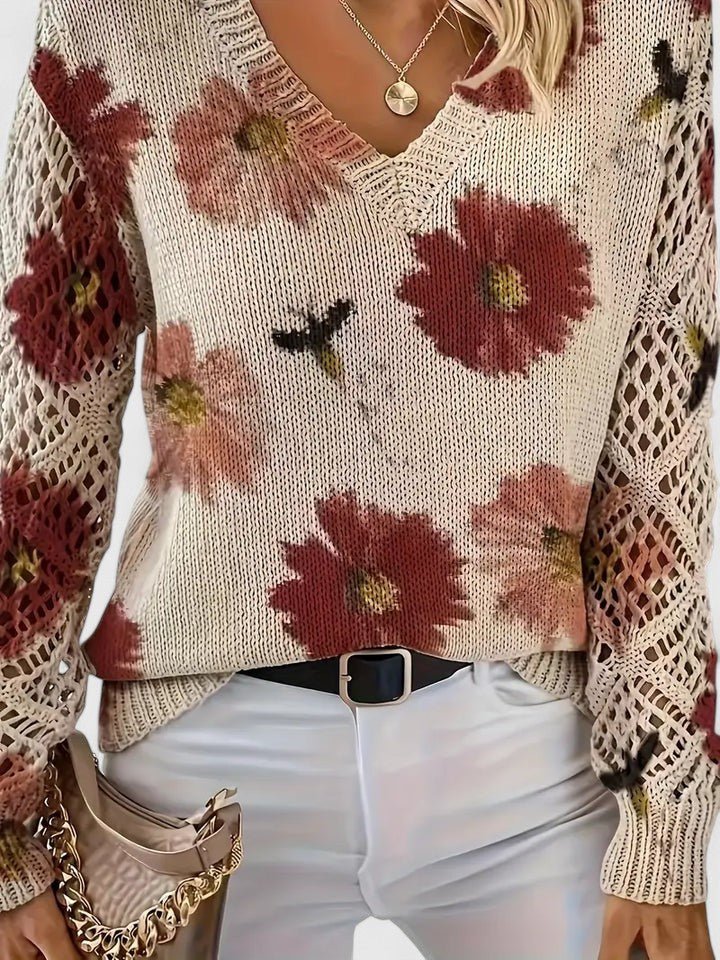 Women's Floral V-Neck Sweater - Red