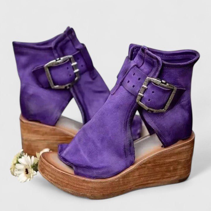 Women's Leather Wedge Booties - Purple