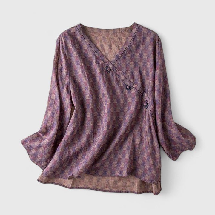 Women's V-Neck Wrap Flannel Blouse - Purple