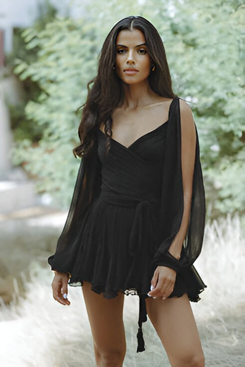 Backless Wrap Mini Dress - Black