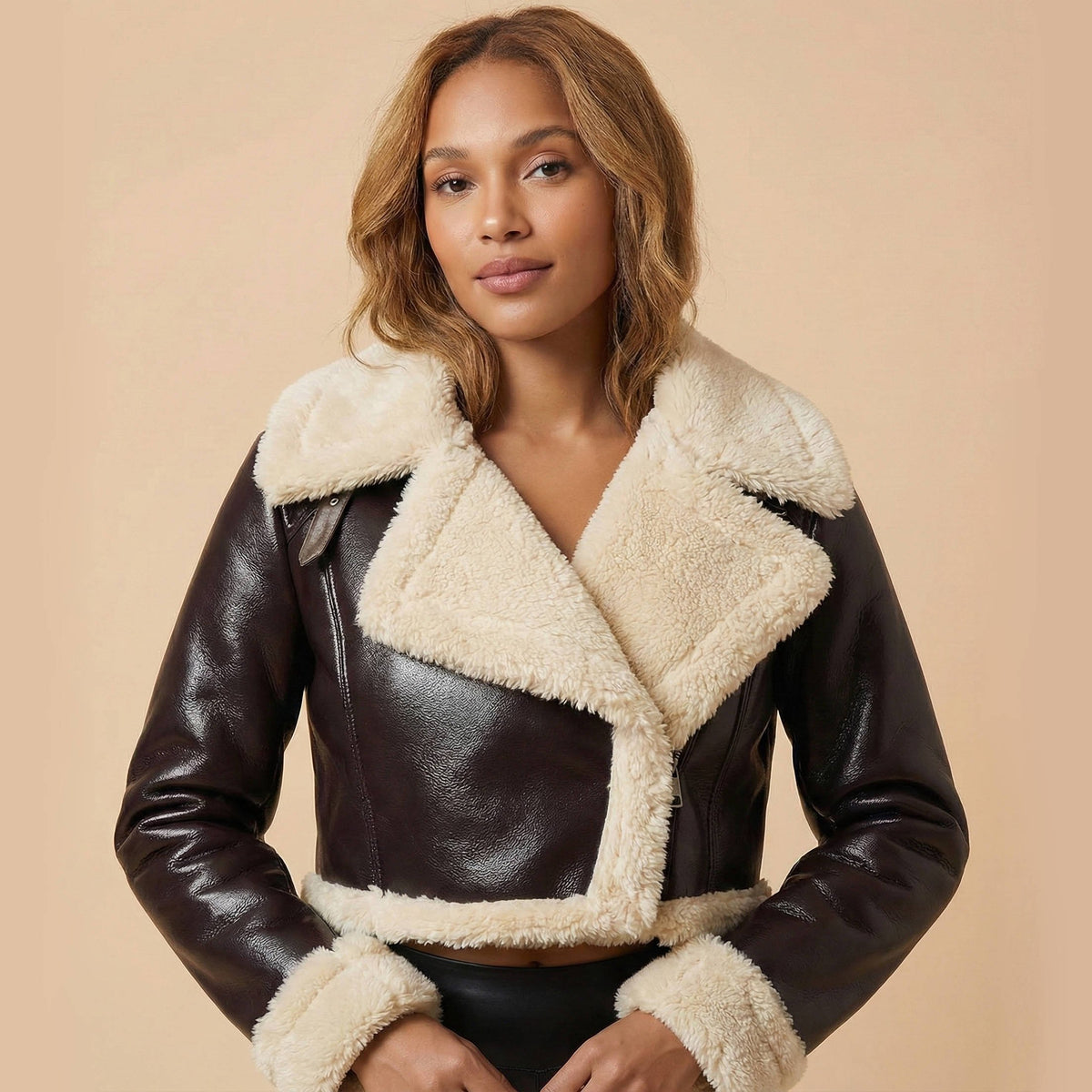 Women's Cropped Faux Leather Moto Jacket - Brown