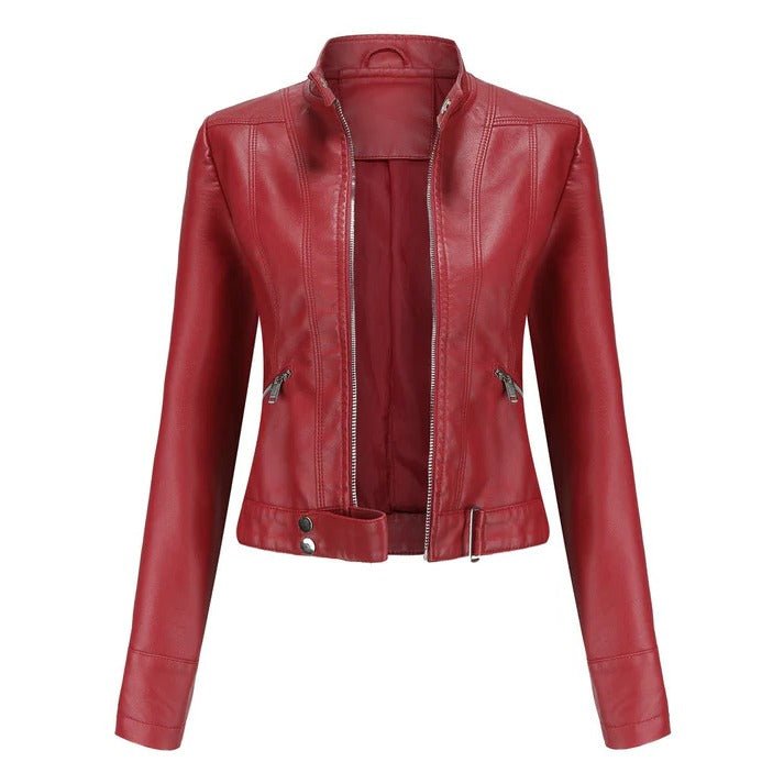 Women's Cropped Faux Leather Moto Jacket - Red