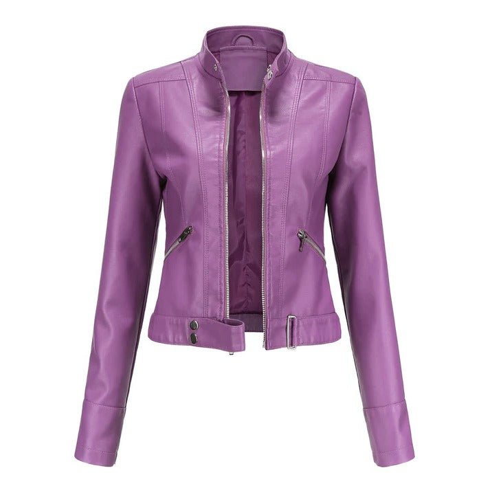 Women's Cropped Faux Leather Moto Jacket - Purple
