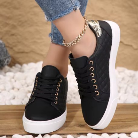 Women's Faux Leather Platform Sneakers - Black