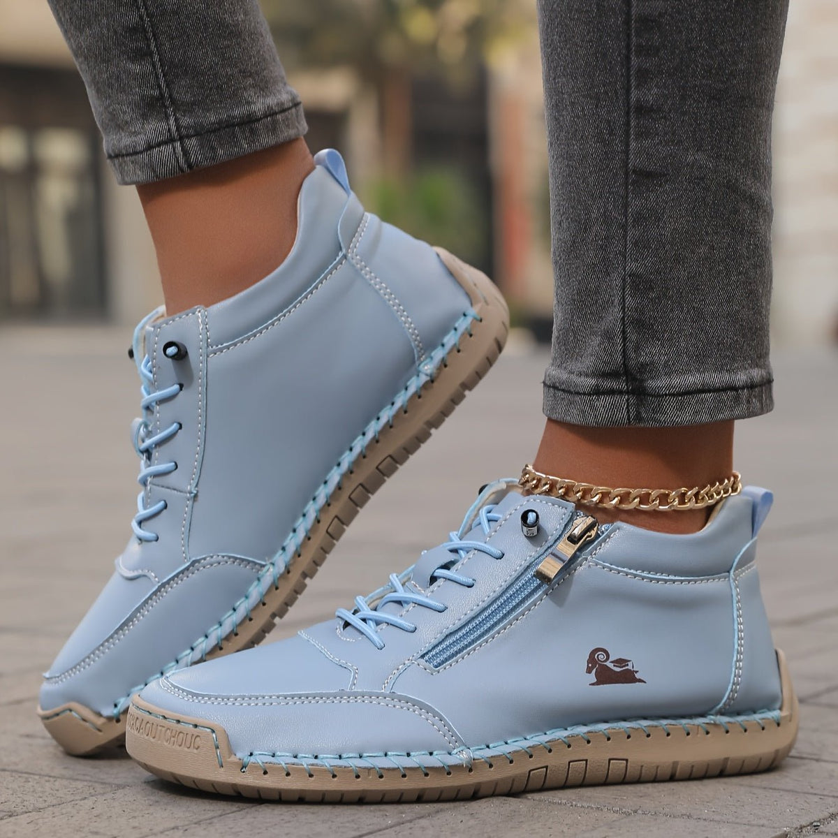 Women's Faux Leather Sneakers - Light Blue