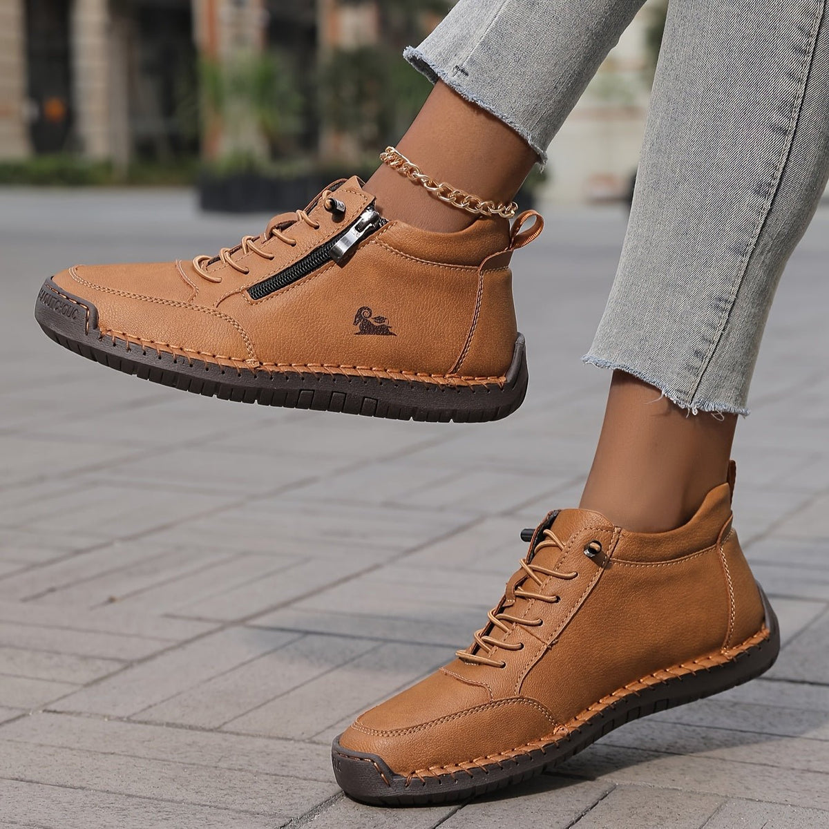 Women's Faux Leather Sneakers - Olive Brown