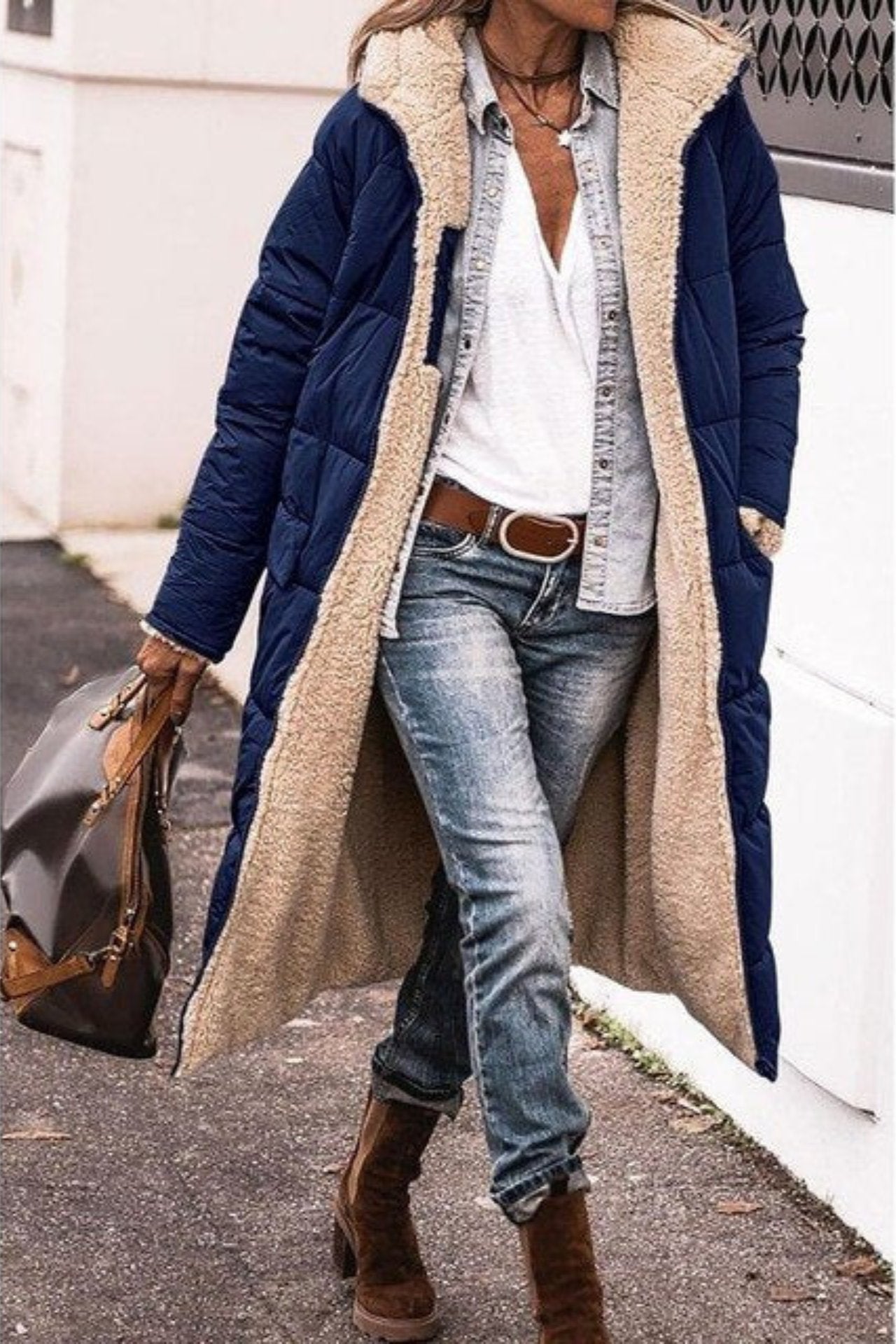 Women's Oversized Puffer Coat - Navy Blue