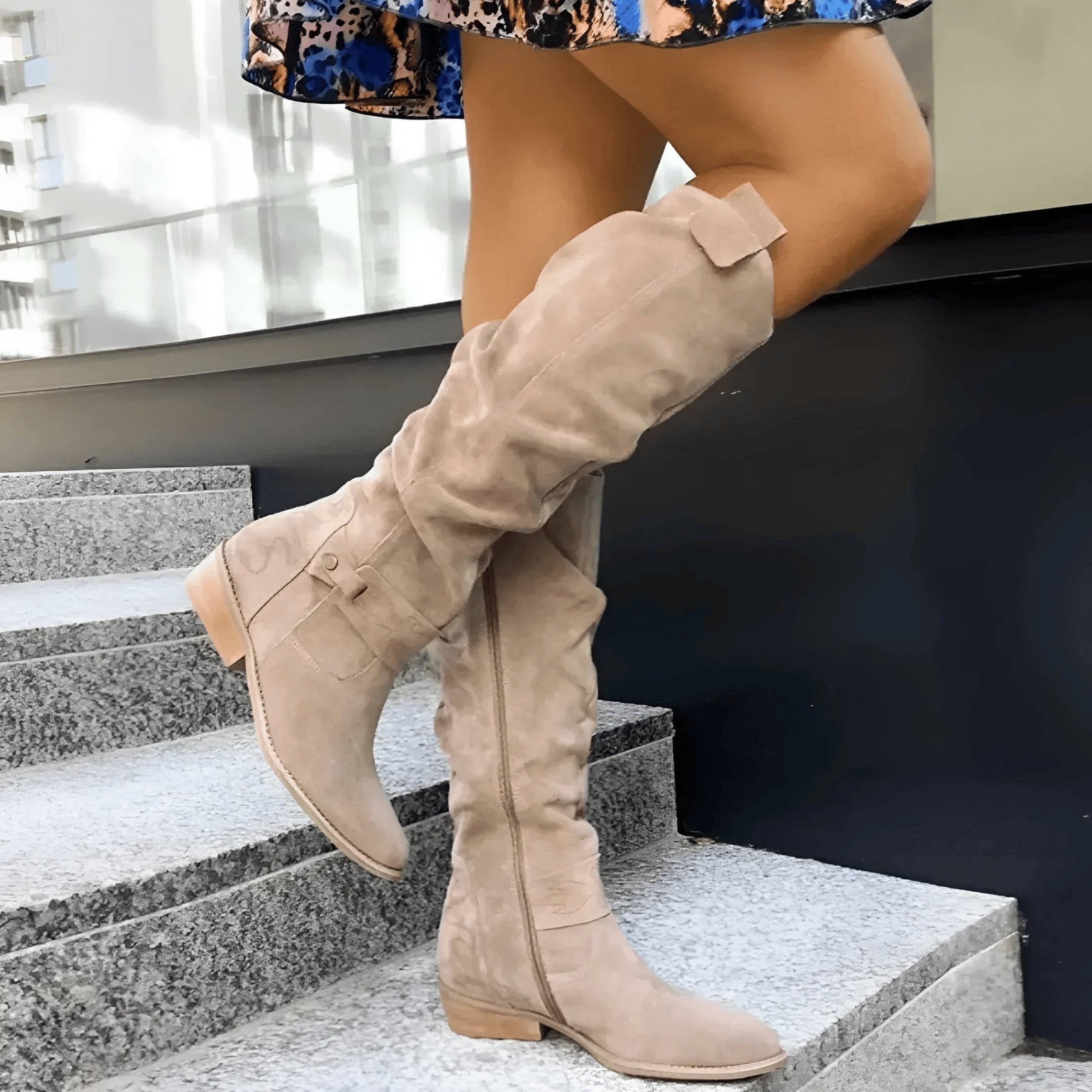 Women's Suede Knee-High Slouch Boots - Beige