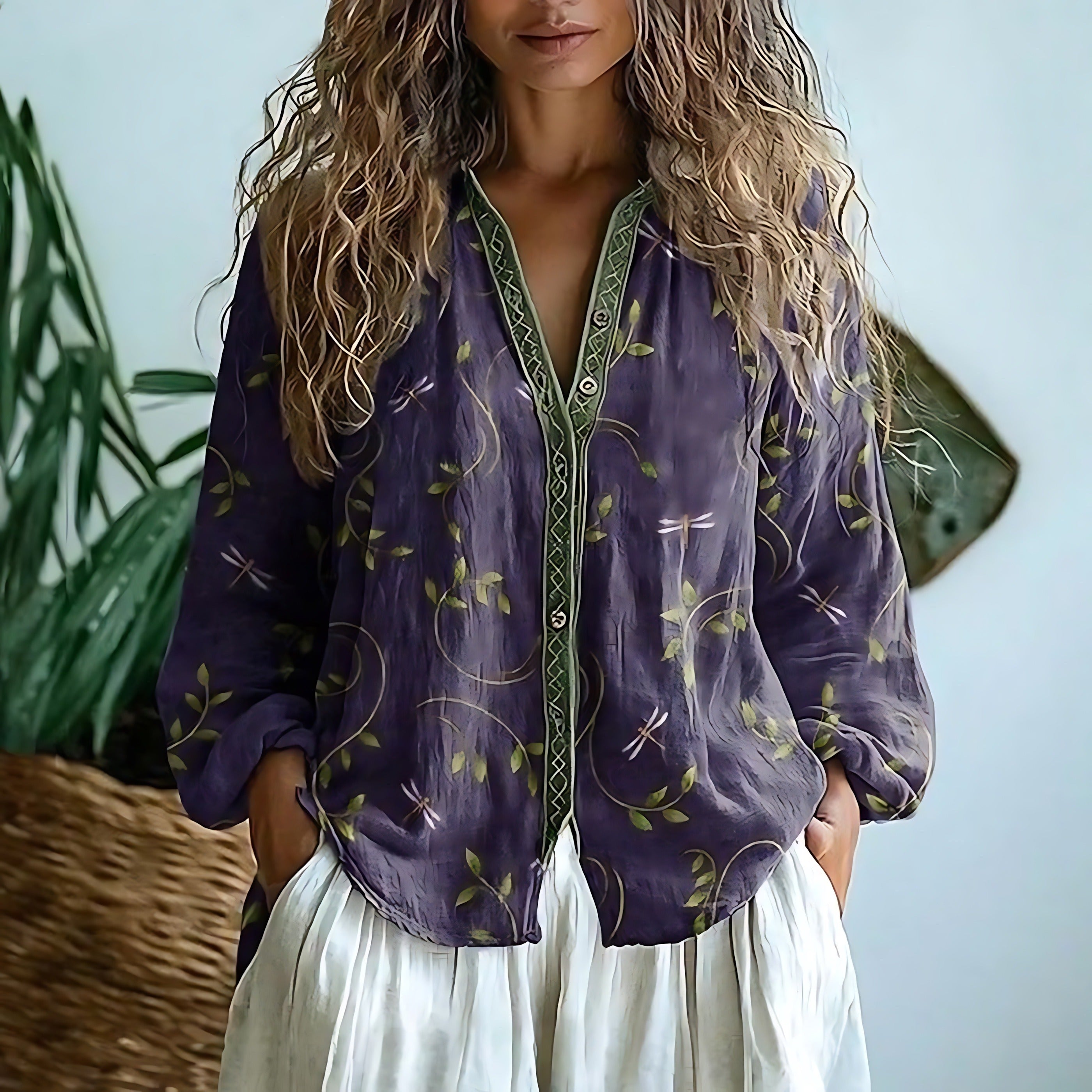 Boho Printed Long Sleeve Blouse - Purple