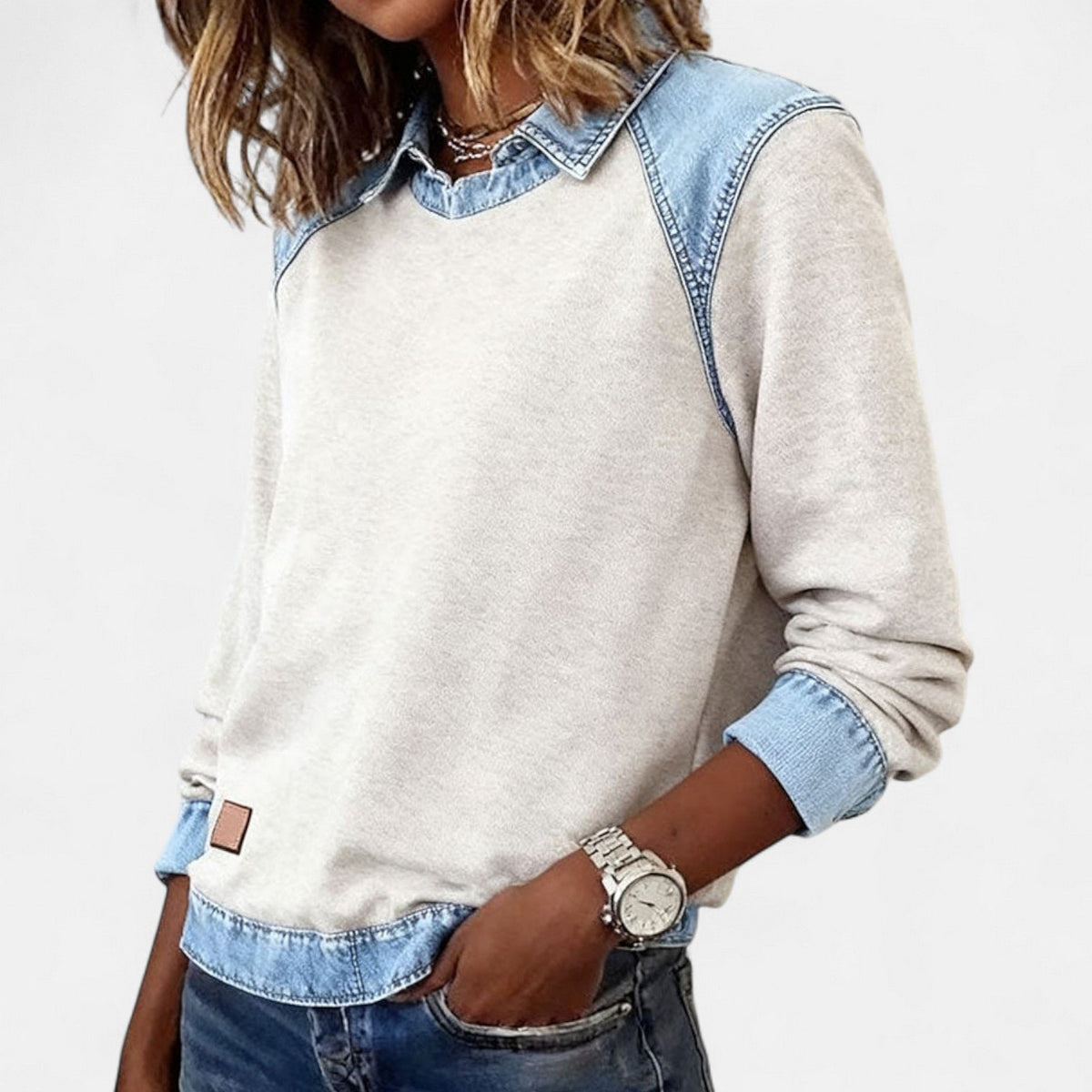 Women's Denim-Collar Sweatshirt