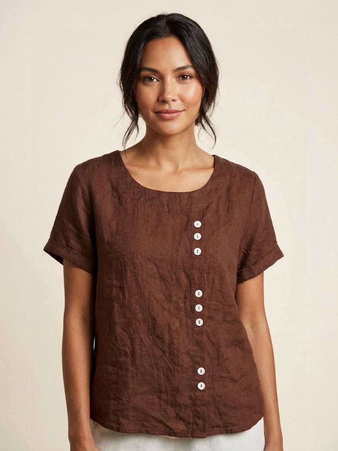 Women's Linen Button-Front Blouse - Coffee Brown