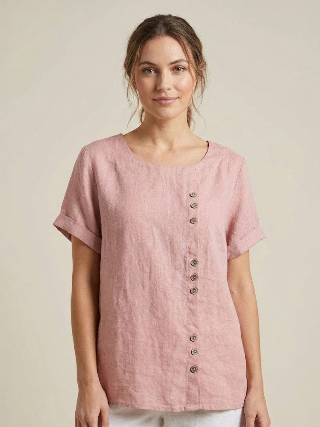 Women's Linen Button-Front Blouse - Light Pink