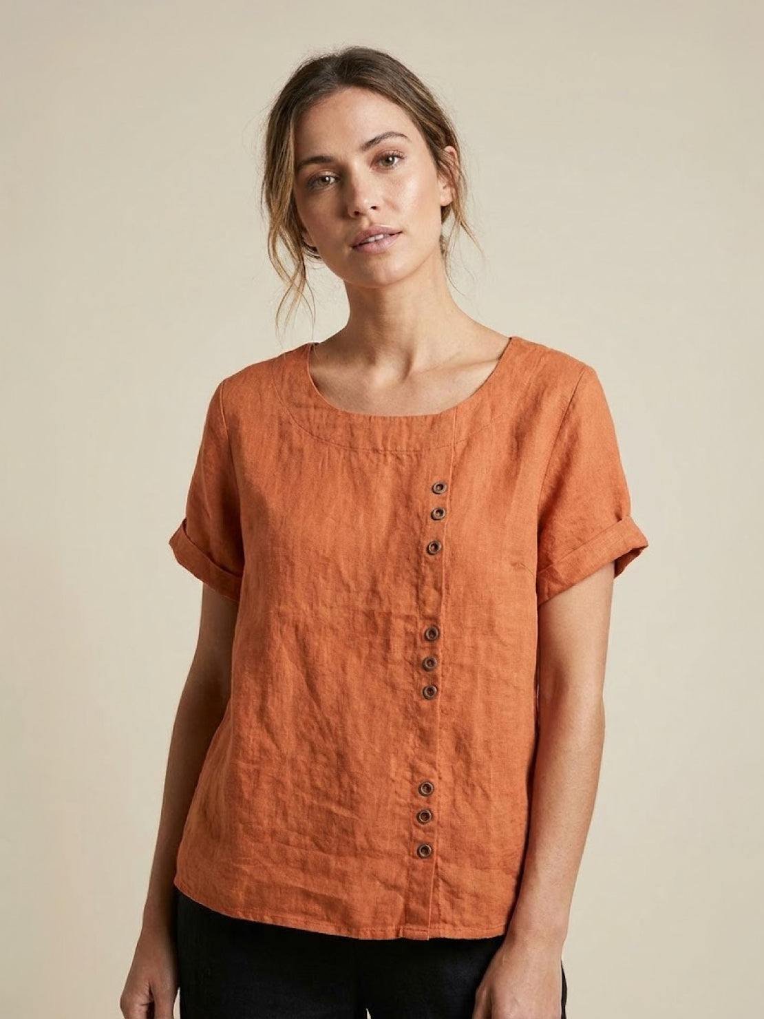 Women's Linen Button-Front Blouse - Orange