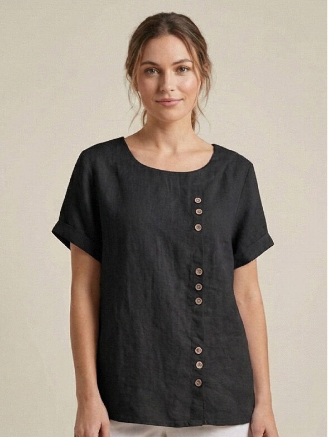 Women's Linen Button-Front Blouse - Black