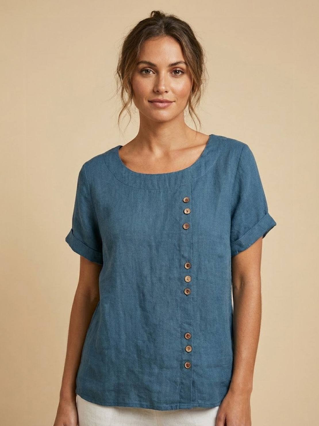 Women's Linen Button-Front Blouse - Deep Teal