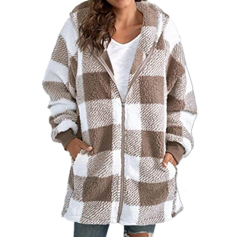 Women's Plaid Oversized Fleece Jacket - Khaki