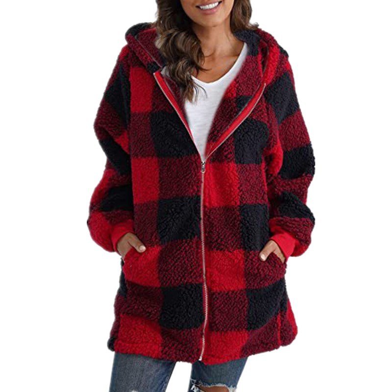 Women's Plaid Oversized Fleece Jacket - Red