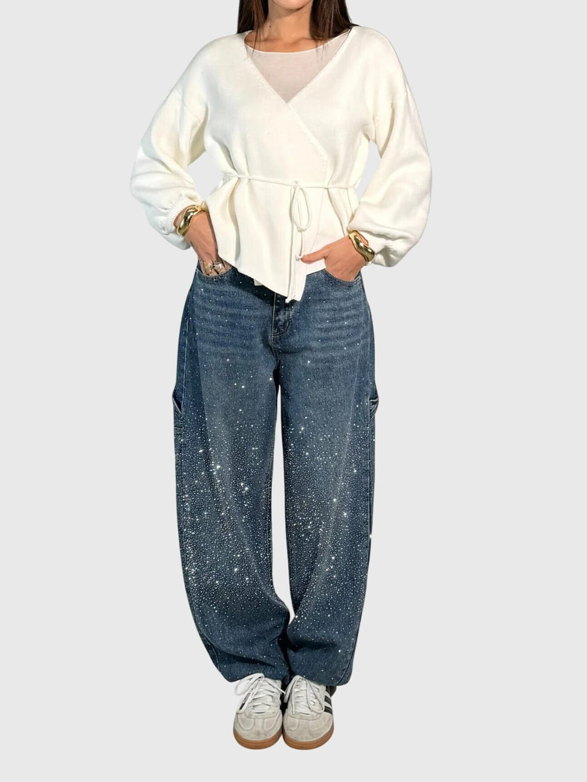 Women's Wide-Leg Cargo Jeans - Dark Blue