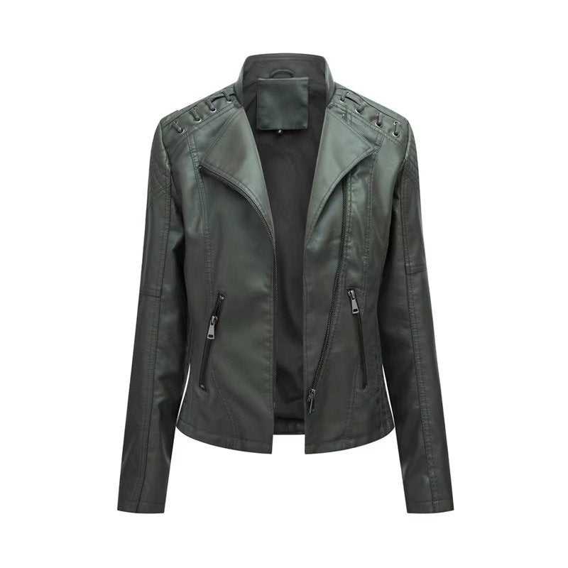 Women's Cropped Faux Leather Moto Jacket - Army green