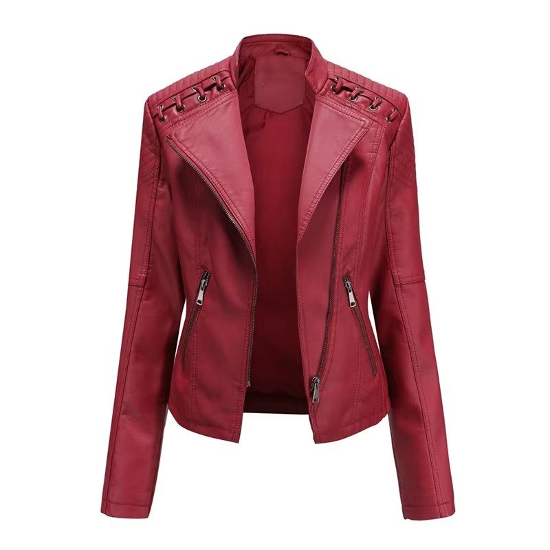 Women's Cropped Faux Leather Moto Jacket - Red