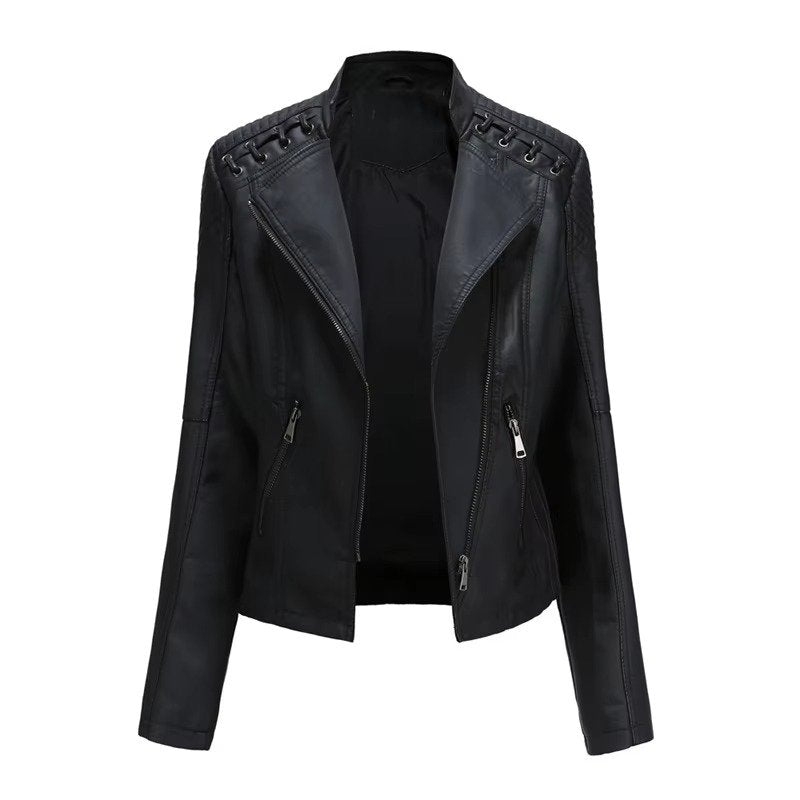 Women's Cropped Faux Leather Moto Jacket - Black