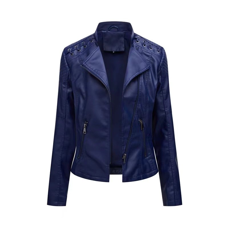 Women's Cropped Faux Leather Moto Jacket - Dark blue