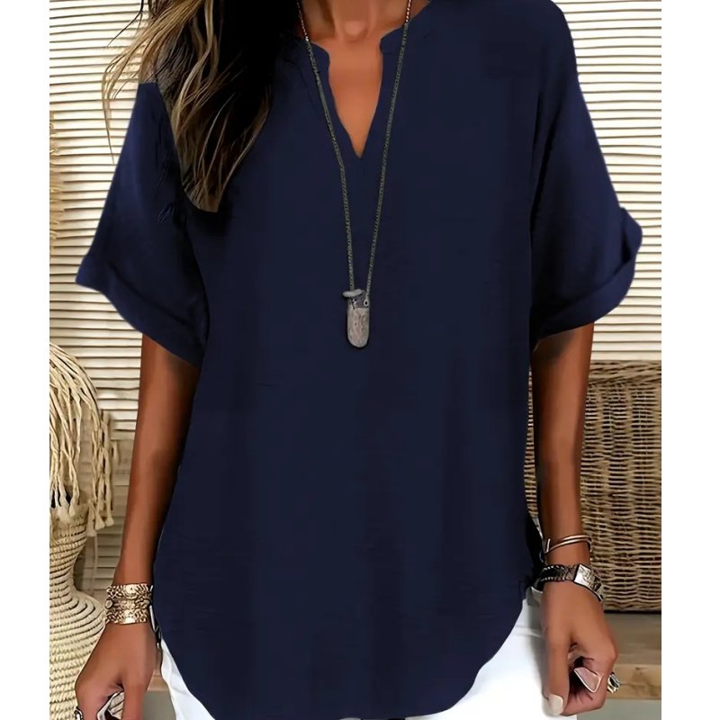Women's V-Neck Tunic Blouse - Navy Blue