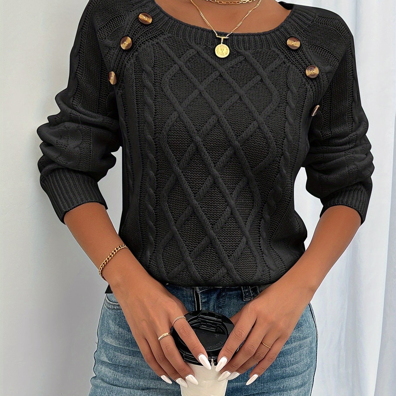 Women's Cable Knit Scoop-Neck Sweater - Black