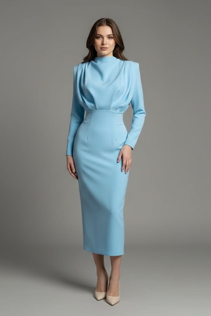 Mock Neck Long Sleeve Maxi Dress - Light Blue