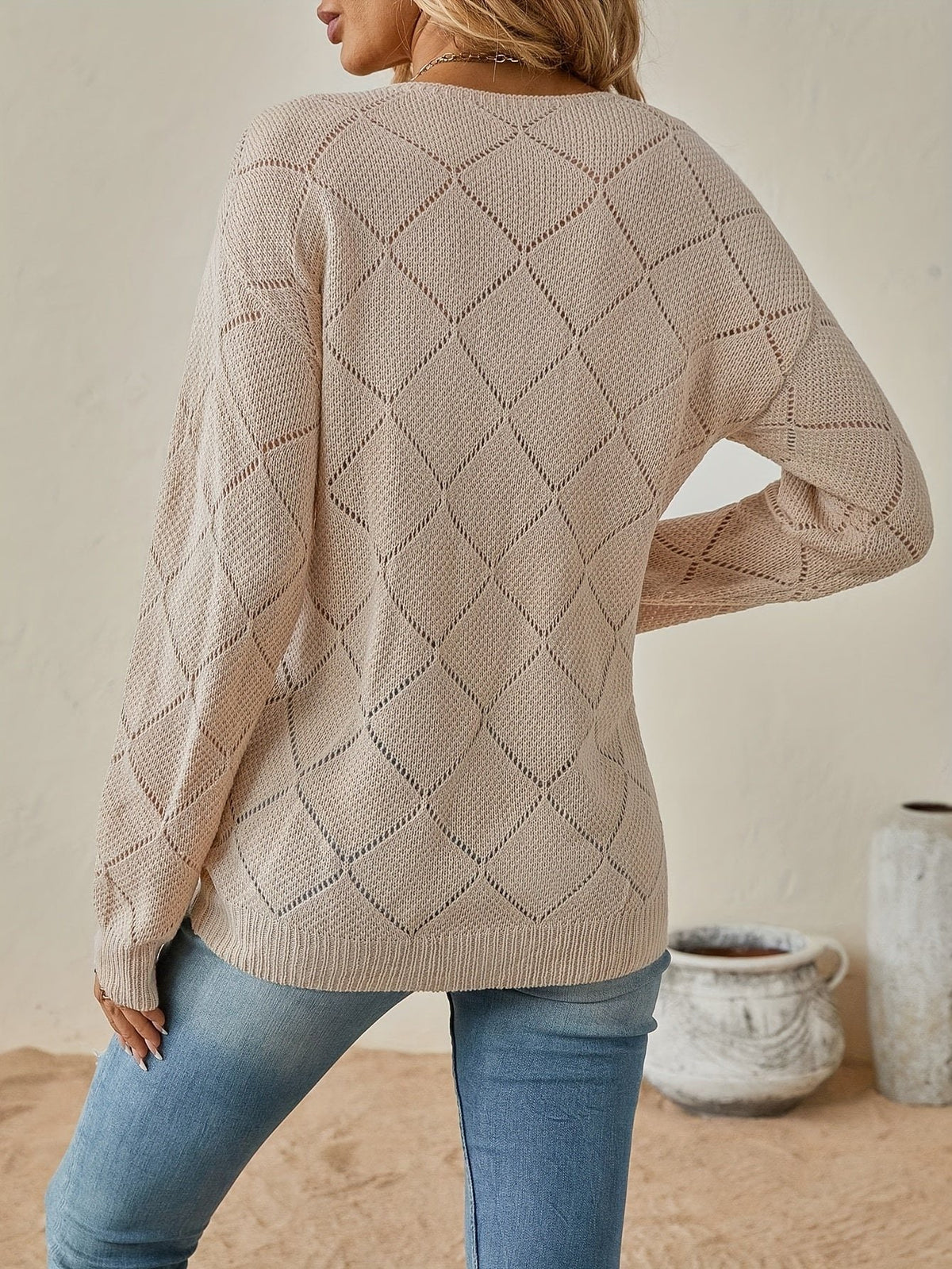 Women's Diamond Crochet V-Neck Sweater