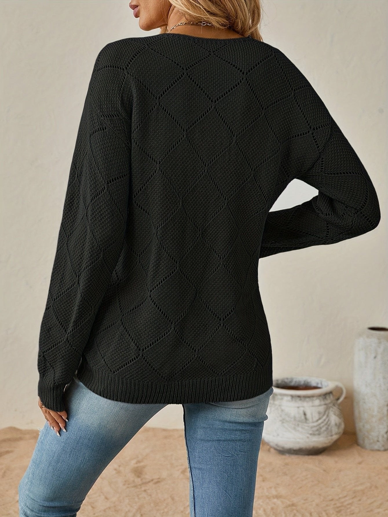 Women's Diamond Crochet V-Neck Sweater