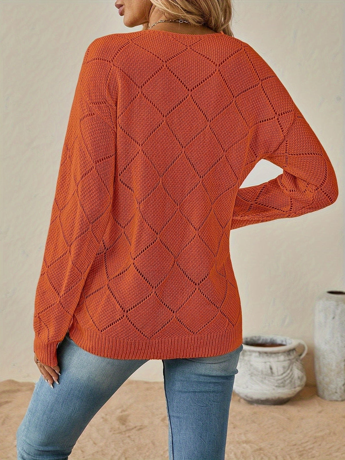 Women's Diamond Crochet V-Neck Sweater